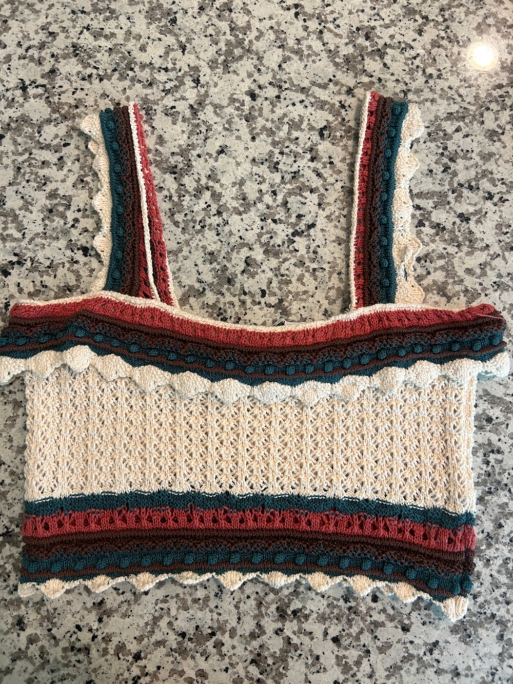 Zara Crochet Knit Tank Top in Cream with Rust & Teal Stripes